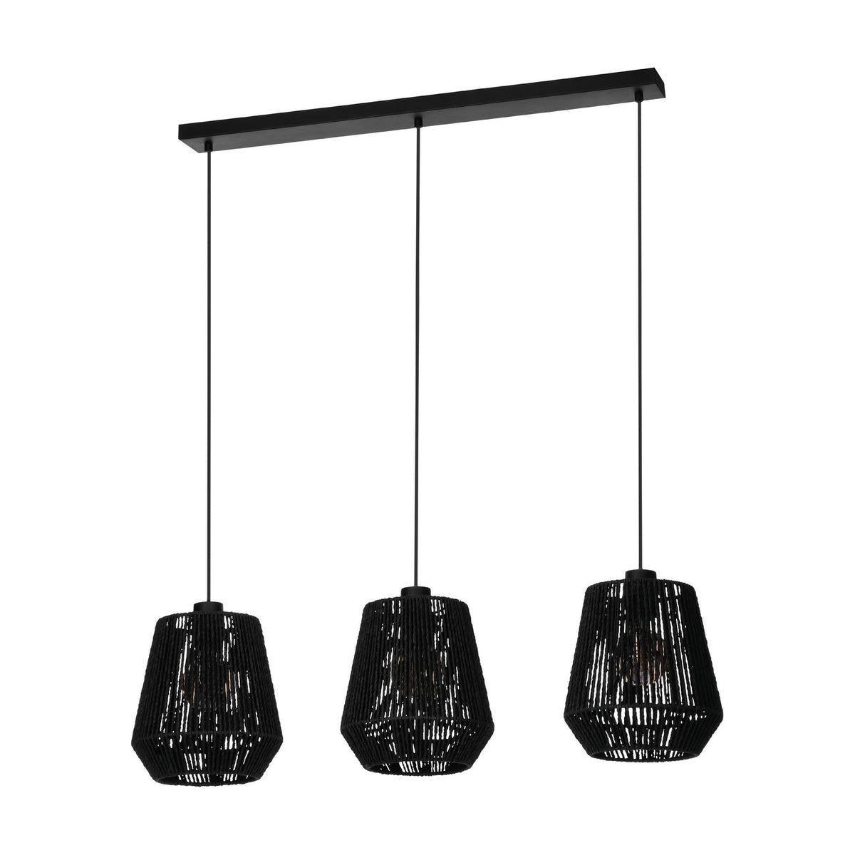 Drilmine linear pendant light with a slim black steel bar suspending three tapered, woven black paper shades, shown on a plain white background.