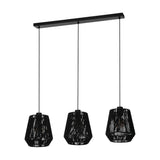 Drilmine linear pendant light with a slim black steel bar suspending three tapered, woven black paper shades, shown on a plain white background.