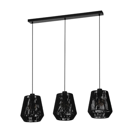 Drilmine linear pendant light with a slim black steel bar suspending three tapered, woven black paper shades, shown on a plain white background.