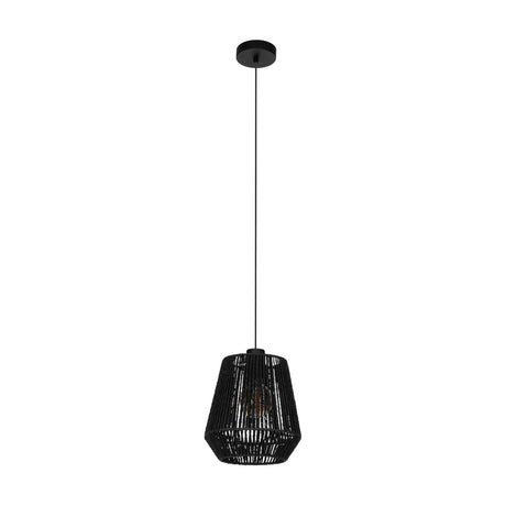 Drilmine paper pendant light in black, featuring a tapered woven-look shade on a black cord with round ceiling rose, shown against a plain white background.