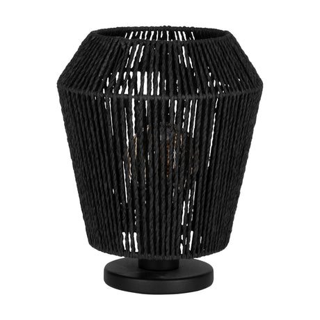 Drilmine Table Lamp in black, featuring a tapered, faceted shade woven from twisted paper cord over a round black steel base, shown on a plain white background.
