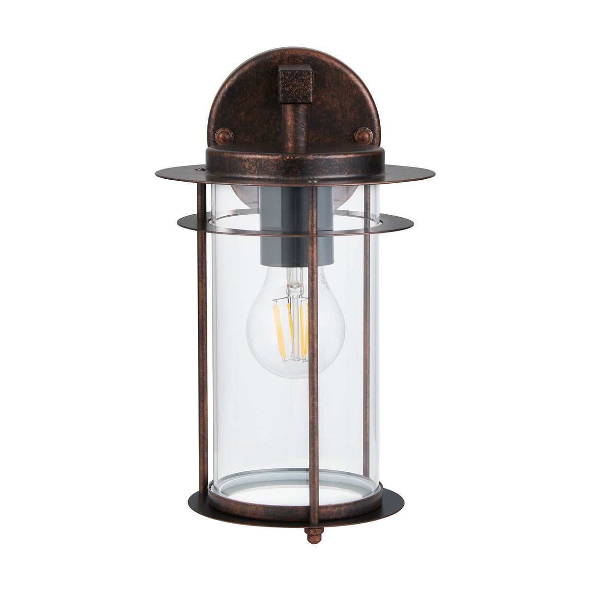 Drimena outdoor wall light in antique copper finish with round wall plate, twin-disc canopy, and cylindrical glass shade caged by vertical rods, shown with an E27 bulb.