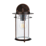Drimena outdoor wall light in antique copper finish with round wall plate, twin-disc canopy, and cylindrical glass shade caged by vertical rods, shown with an E27 bulb.