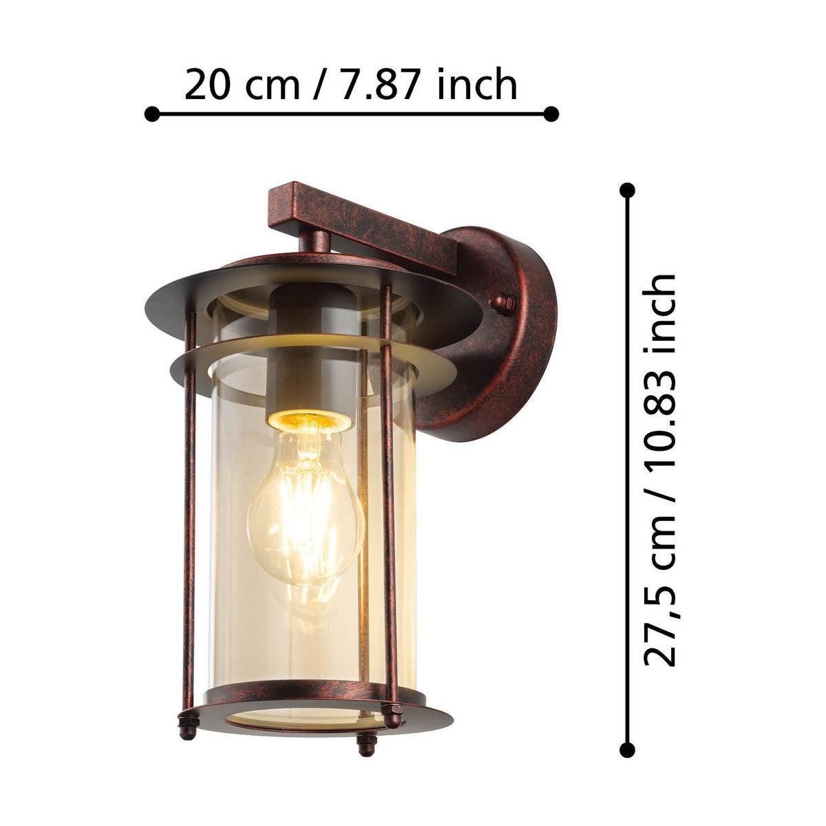 Drimena outdoor wall light in antique copper finish, lantern-style clear glass cylinder caged by vertical rods with lit E27 bulb, dimensions 20cm projection by 27.5cm height labelled.