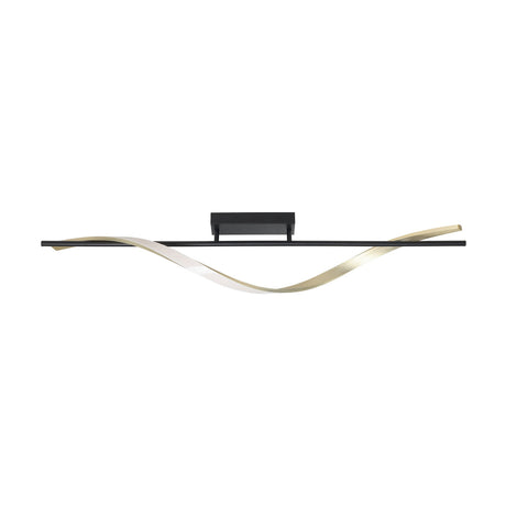 Drosmine LED Ceiling Light featuring a slim black bar on a black rectangular ceiling plate, with a brushed brass ribbon twisting along its length, shown on a plain white background.