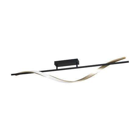 Drosmine LED Ceiling Light featuring a slim black bar on a rectangular ceiling plate, with a twisting brushed brass ribbon shade, shown on a plain white background.
