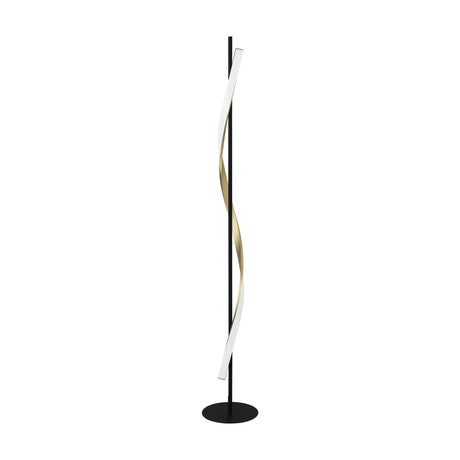 Drosmine LED Floor Lamp in black and brushed brass, featuring a slim black pole with a twisting ribbon diffuser and round black base, shown on a plain white background.