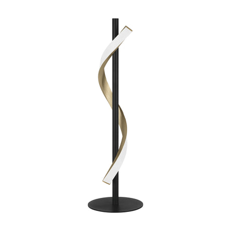 Drosmine LED Table Lamp in black and brushed brass, featuring a slim black pole with a spiralling brass ribbon and white inner panel, set on a round black base against a plain white background.
