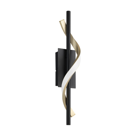 Drosmine LED Wall Light in black and brushed brass, featuring a slim matt black rod with a spiralling brass ribbon and white light strip, shown against a plain white background.