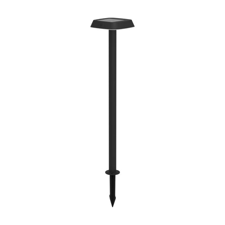 Drosvora solar spike light with motion sensor, featuring a slim black pole topped with a square solar panel head and white plastic shade, shown on a plain white background.