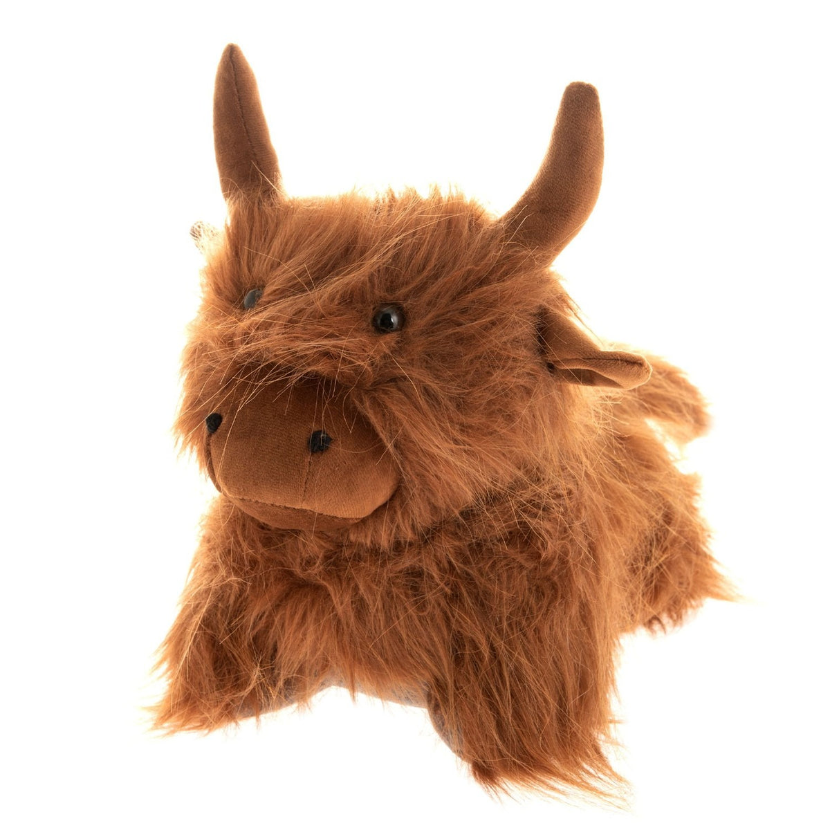 Shaggy Highland Cow Door Stop in brown, modelled lying down with raised horns, fringed coat over the eyes and a smooth muzzle, shown against a plain white background.