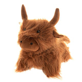 Shaggy Highland Cow Door Stop in brown, modelled lying down with raised horns, fringed coat over the eyes and a smooth muzzle, shown against a plain white background.
