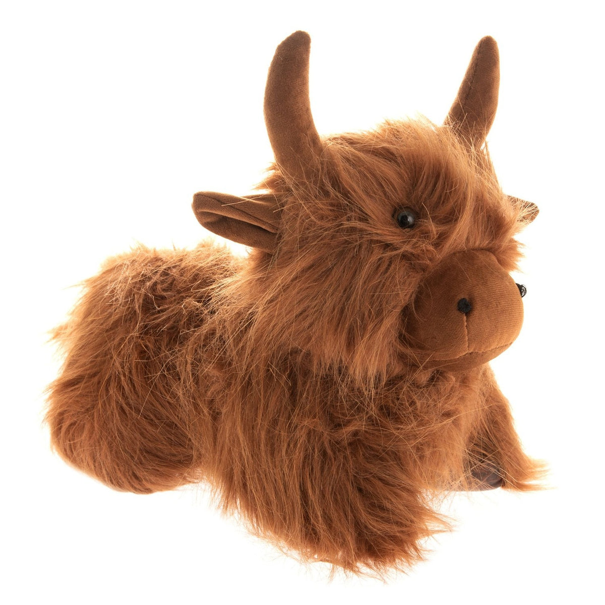Shaggy Highland Cow Door Stop in brown, modelled lying down with raised horns, long fringed coat over the eyes, and a smooth rounded muzzle, shown on a plain white background.