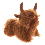 Shaggy Highland Cow Door Stop in brown, modelled lying down with raised horns, long fringed coat over the eyes, and a smooth rounded muzzle, shown on a plain white background.