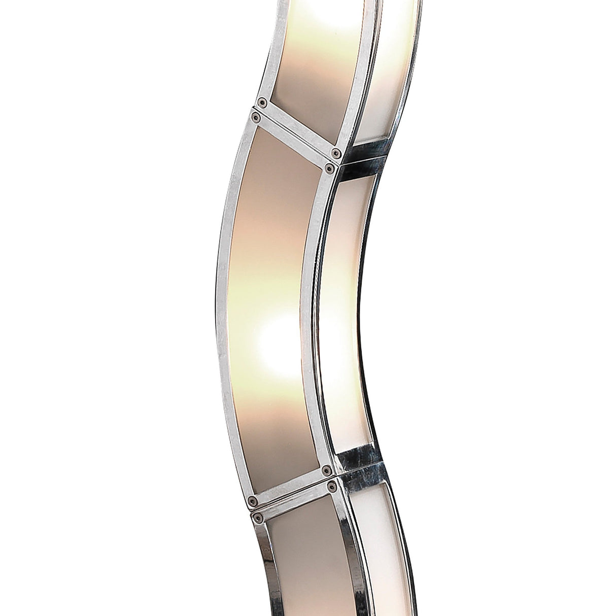 A close-up of the Duna 6 Light Floor Lamp in chrome with white acrylic panels, illuminated to showcase soft, modern ambient lighting diffused through its curved sections—a sleek and elegant contemporary design.