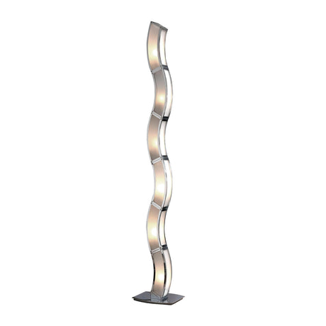 The Duna 6 Light Floor Lamp in chrome with white acrylic features a tall, sculptural wavy design and integrated warm lighting on a square base—ideal for adding modern ambient light to any space.