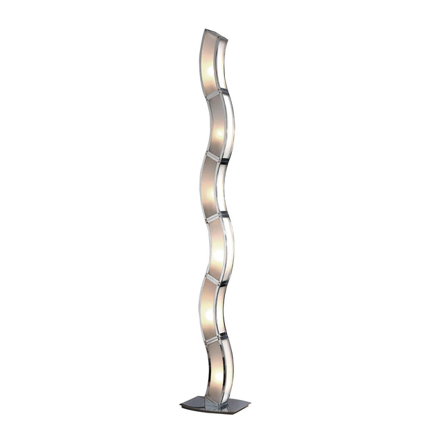 The Duna 6 Light Floor Lamp in chrome with white acrylic features a tall, sculptural wavy design and integrated warm lighting on a square base—ideal for adding modern ambient light to any space.