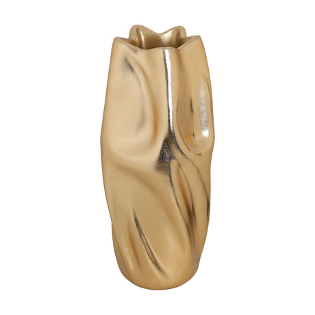 Dunnamore Plant Pot 100cm in Gold, a tall fibreglass planter with gathered, twisted sides, deep folds, and a wavy star-like rim, shown on a plain white background.