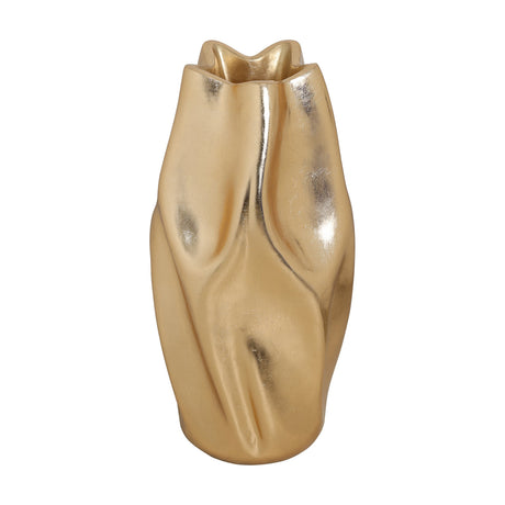 Dunnamore Plant Pot 80cm in Gold, a tall fibreglass floor planter with a crumpled, folded texture and a wavy uneven rim, shown on a plain white background.