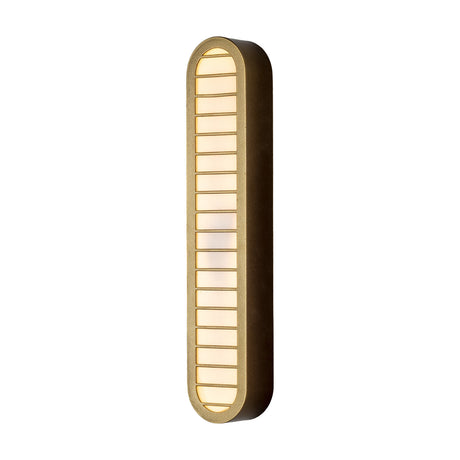 Durban LED Bulkhead Wall Light in bronze, a tall rounded oval steel and acrylic fixture with fine horizontal bars over a glowing white panel, shown on a plain white background.