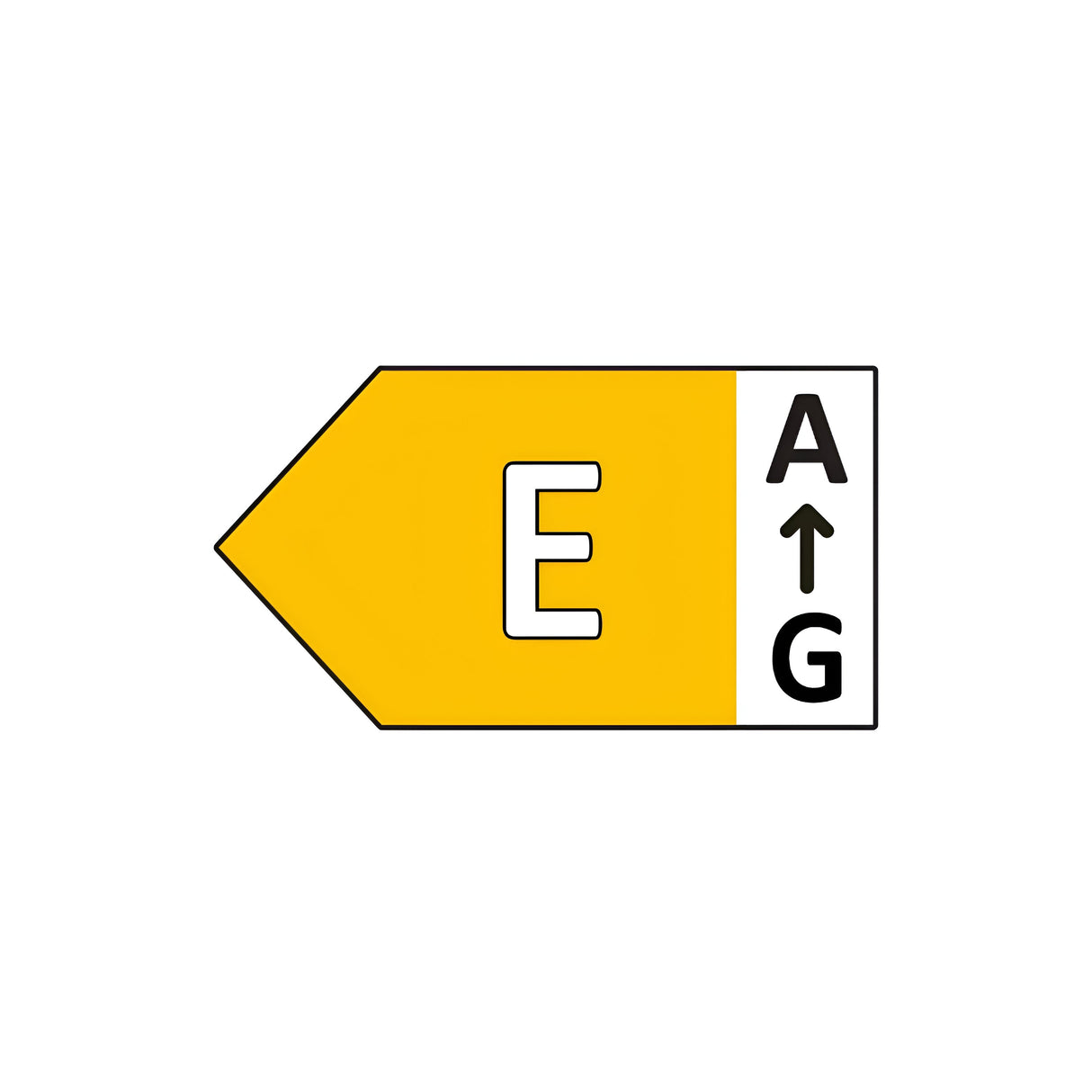 The energy efficiency label for the E-Luminate 5.4W Non-Dimmable R63 LED Reflector Bulb - Warm White, E27, 2700K (2 Pack) displays a warm white glow accompanied by a yellow arrow pointing right with the letter E inside. To its right, there's a small vertical scale ranging from A to G, emphasizing its energy savings similar to those provided by an LED bulb.