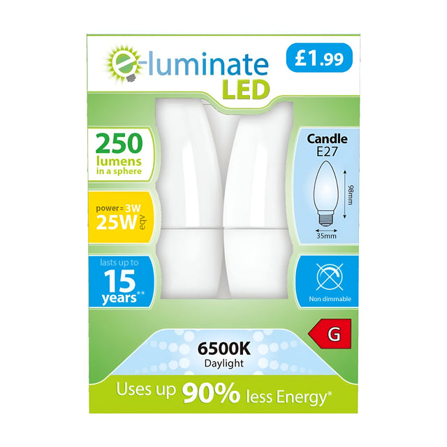 The packaging for the E-Luminate 3W Non-Dimmable LED Candle Bulb highlights its cutting-edge LED technology. Delivering 250 lumens with only 3 watts of power, it's equivalent to a traditional 25W bulb. With an E27 fitting and a daylight tone of 6500K, this bulb is designed in a candle shape. It is non-dimmable and promises up to 15 years of use while consuming 90% less energy, all for the price of Â£1.99 per bulb in a convenient two-pack.