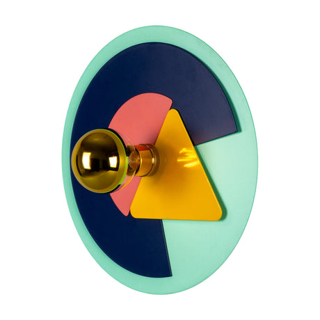 Earth Colourful Disc Wall Light with mint green, navy, coral and yellow layered shapes on a round disc, brass bulb holder with exposed E27 globe, on a white background.
