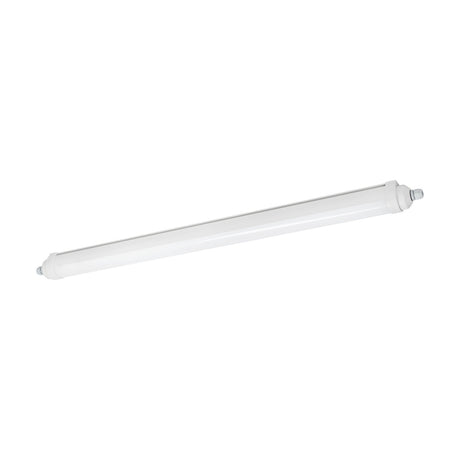 Easy Fix LED flush ceiling light, 112cm, slim tube design with white plastic diffuser and grey end caps, IP65 rated, shown on a plain white background.