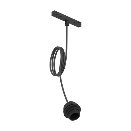 Easyt Adapter Track Pendant Light in black, showing a slim track adapter bar with a coiled cord leading down to an E27 lamp holder, plastic finish, on a plain white background.