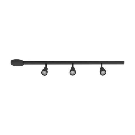 Easyt Set 3 Spots track lighting kit in black, a slim bar fixture with oval ceiling canopy and three adjustable GU10 spotlight heads, shown on a plain white background.