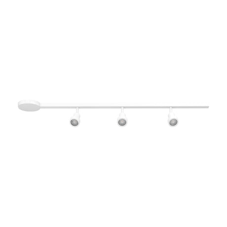 Easyt white track lighting kit with round ceiling canopy, slim straight track, and three independently angled GU10 spotlights, aluminium and plastic finish, shown on a plain white background.