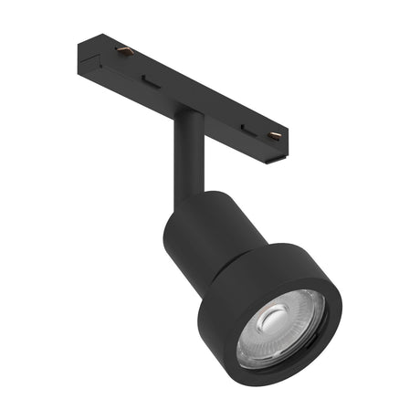 Easyt Spot Ring track spotlight in black plastic, showing the slim stem, cylindrical body and ring-shaped head with GU10 bulb, mounted on a track adapter against a white background.