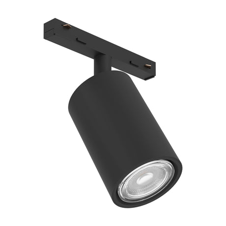 Easyt Spot Tube track spotlight in black plastic with a cylindrical head on a short stem beneath a slim track adapter, GU10 fitting, shown on a plain white background.