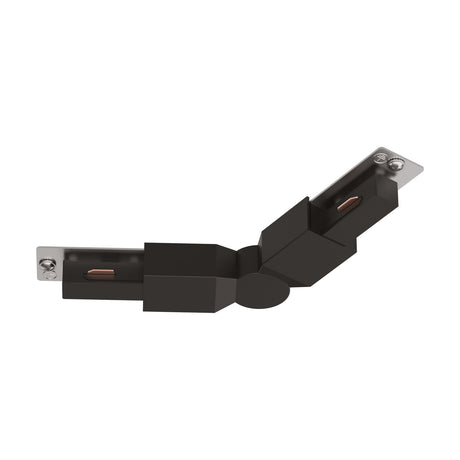 Easyt Track Corner Connector in black plastic, with two angled arms meeting at a central pivot and metal end plates for track contact, shown on a plain white background.