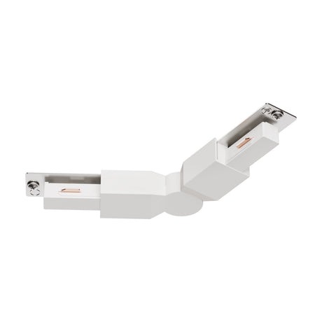 Easyt Track Corner Connector in white plastic, an angled joint piece with screw mounts and visible copper contacts, shown on a plain white background.