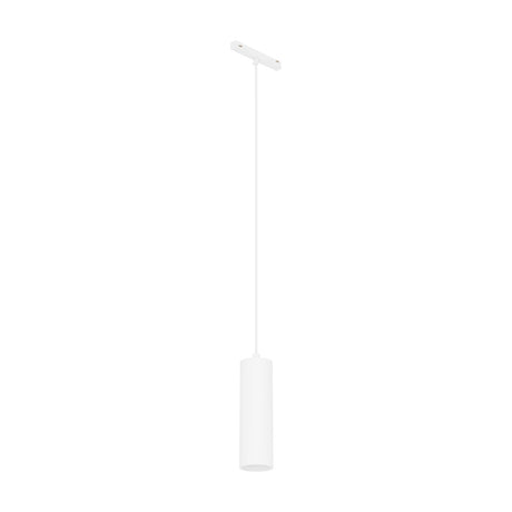 Easyt track pendant light in white, featuring a slim cylindrical shade on a fine suspension cable from a compact track adapter, shown against a plain white background.