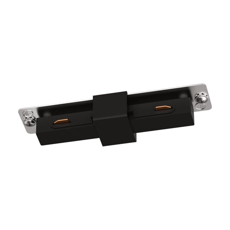Easyt Track Straight Connector in black plastic with silver backing plate, exposed copper contacts and mounting screws at each end, shown on a plain white background.
