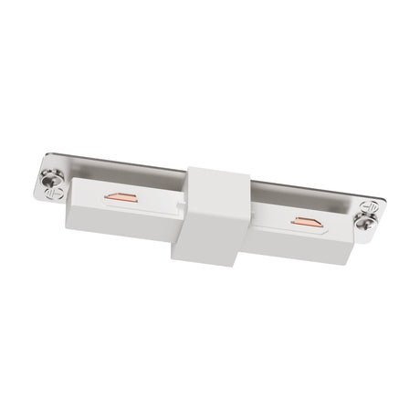 Easyt Track Straight Connector in white plastic, a small joining piece with chrome end plates and exposed copper contacts, shown on a plain white background.