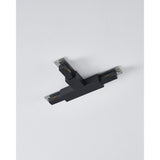 Easyt Track T Connector in black plastic, T-shaped with three silver mounting plates, shown mounted on a white ceiling.