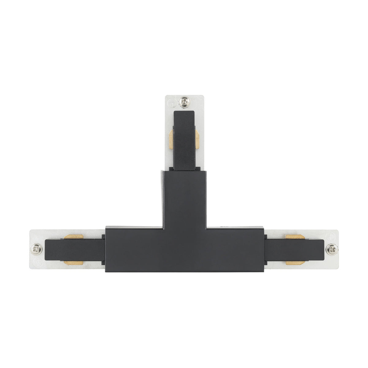 Easyt Track T Connector in black plastic, T-shaped with three silver end plates and visible screws, shown on a plain white background.