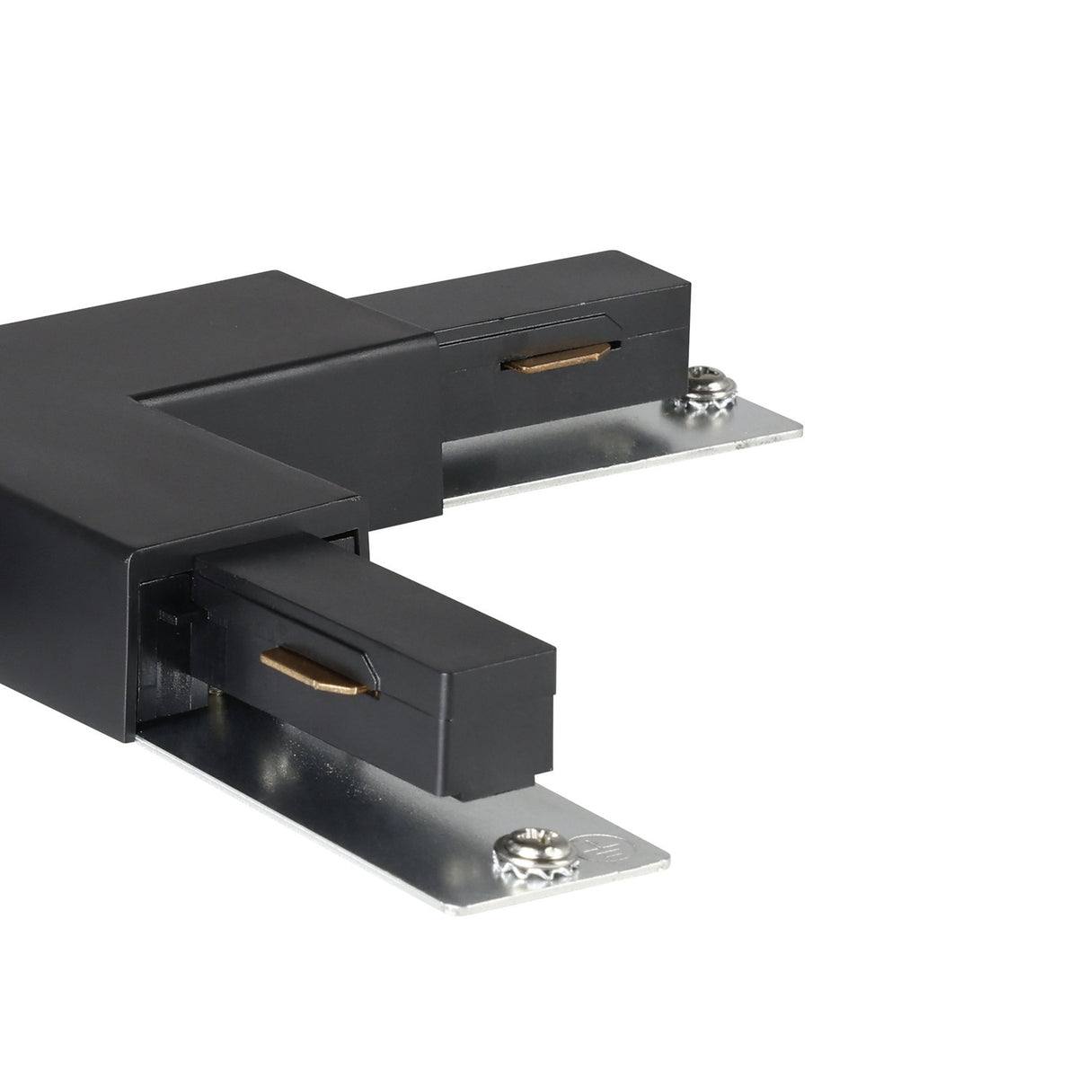 Easyt Track T Connector in black plastic, close-up of the T-shaped junction with two track arms, exposed copper contacts and silver mounting plates with screws, on a plain white background.