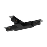 Easyt Track T Connector in black plastic, T-shaped with three silver mounting end plates and a low-profile body, shown on a plain white background.