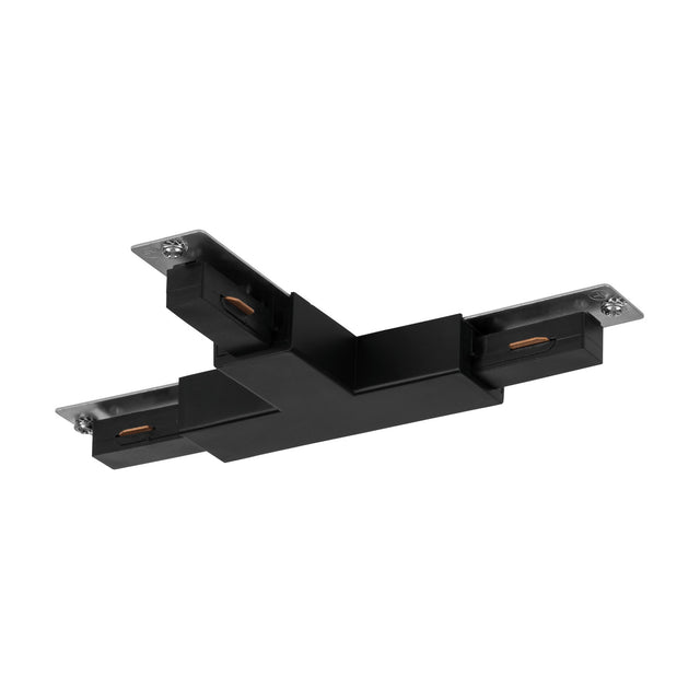 Easyt Track T Connector in black plastic, T-shaped with three silver mounting end plates and a low-profile body, shown on a plain white background.