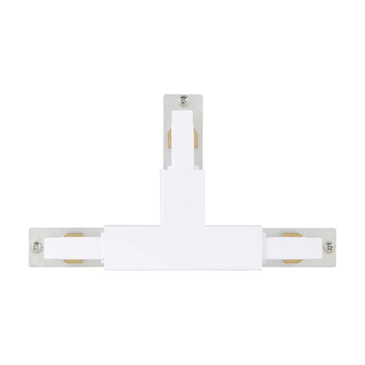 Easyt Track T Connector in white plastic, a T-shaped three-arm joiner with silver mounting plates, screws and brass contact tabs, shown on a plain white background.
