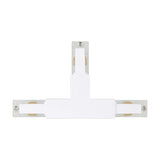 Easyt Track T Connector in white plastic, a T-shaped three-arm joiner with silver mounting plates, screws and brass contact tabs, shown on a plain white background.