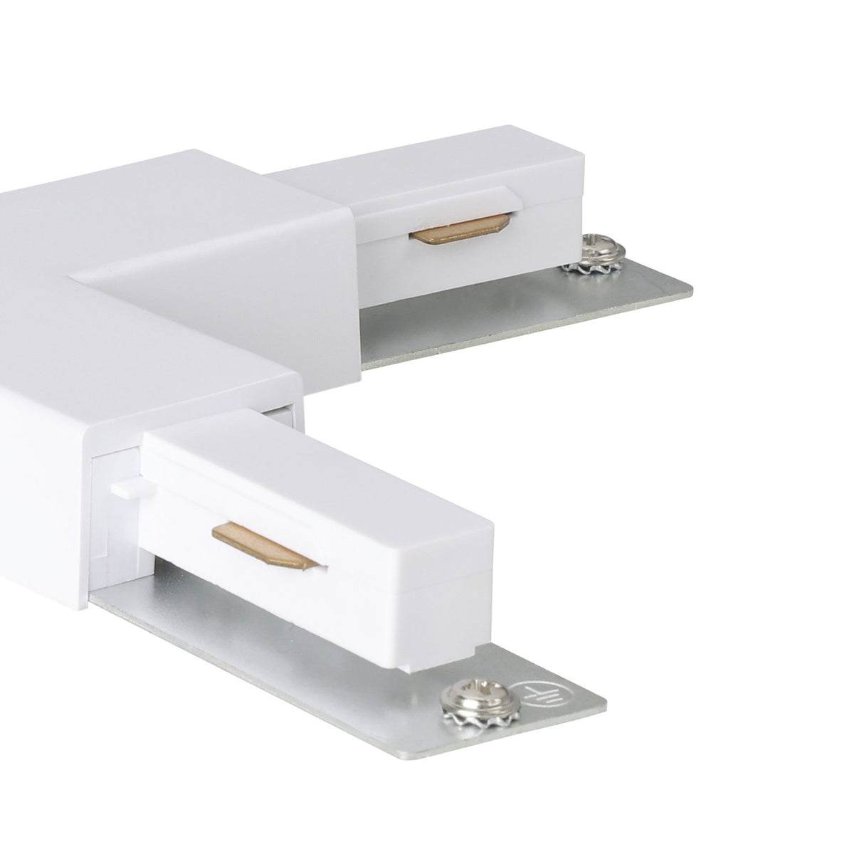Close-up of the Easyt Track T Connector in white plastic, showing two track arms with silver mounting plates, screws, and brass contact tabs, on a plain white background.