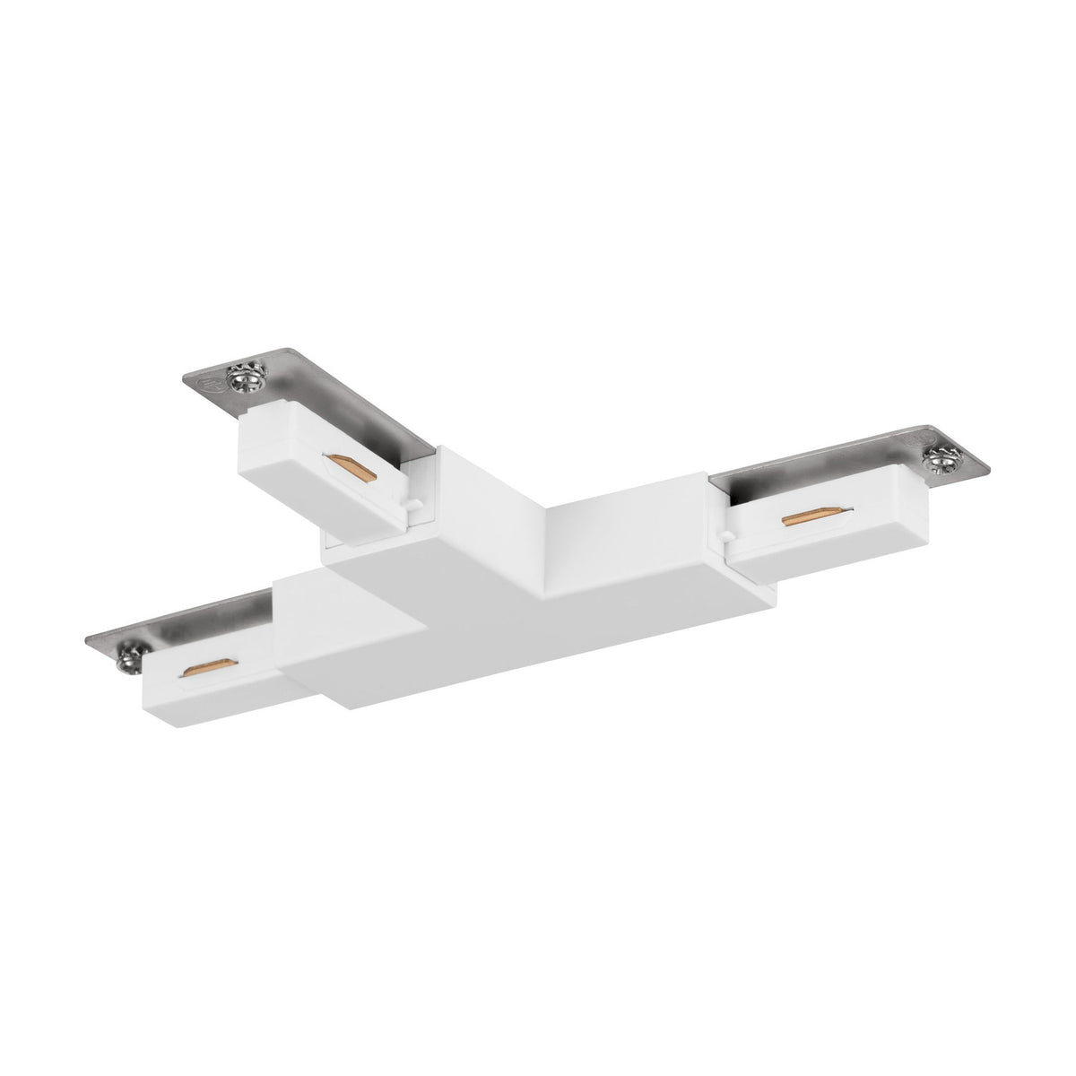 Easyt Track T Connector in white plastic, a T-shaped three-arm track joiner with silver mounting plates, screws and brass contact tabs, shown on a plain white background.