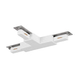 Easyt Track T Connector in white plastic, a T-shaped three-arm track joiner with silver mounting plates, screws and brass contact tabs, shown on a plain white background.