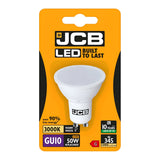 The packaging of the JCB 4.9W GU10 Non-Dimmable LED Bulb highlights its GU10 base and ability to provide 345 lumens with a warm white light at 3000K. This energy-efficient bulb uses 90% less energy, replacing a traditional 50W bulb, and offers an impressive lifespan of up to 10 years.