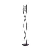 The Eclipse 2 Light Floor Lamp - Black Chrome features a twisted metal frame with two clear glass-shaded light fixtures near the top and a round, flat base—perfect for adding modern style and contemporary lighting to any space.